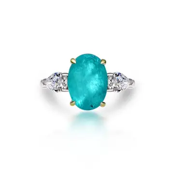 New Style Blue Green Stone Rings Synthetic Paraiba Tourmaline Sterling Silver Oval Ring