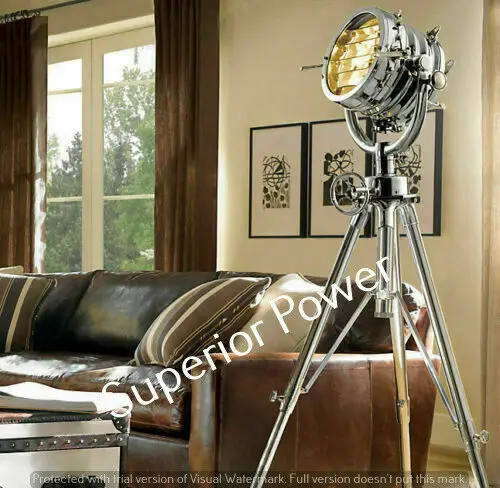 Details about   NAUTICAL INDUSTRIAL DESIGNER CHROME SEARCHLIGHT FLOOR LAMP TRIPOD STAND 