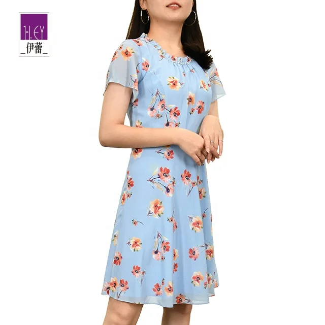 808757 Women elegant ruffled stand collar floral-print dress fashion casual