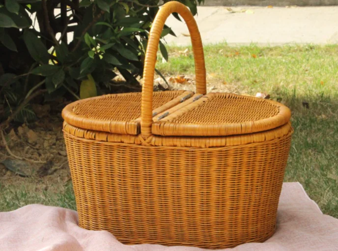 Large Rattan Picnic Basket With Covers Shopping Bag Kitchen Storage