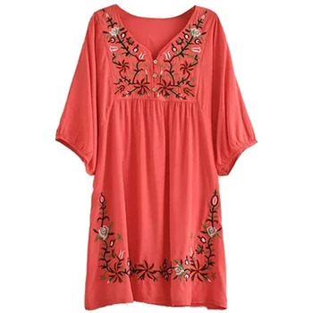 Women's summer Dress V Neck Mexican Embroidered Peasant Women's Dressy Tops Blouses