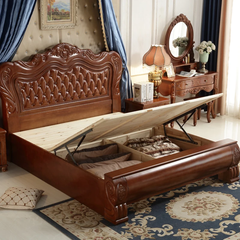 European Style Solid Wood Double Beds Bedroom Furniture With Side Table