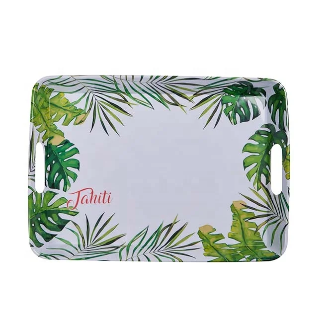 Plant Pattern Custom Logo Colorful Food Preservation Tray Plastic Melamine Serving Trays for Lunch Dinner Breakfast