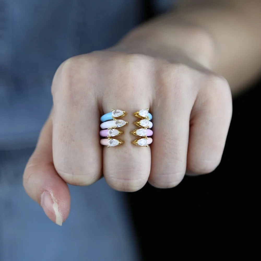 New Fashion Enamel Colorful Finger Rings Two Tear Drop Cubic Zirconia  Symmetry Open Adjustable Ring Women Jewelry