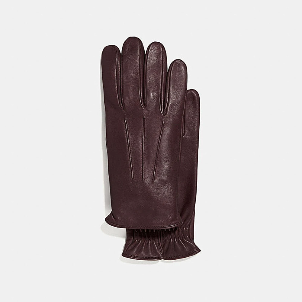 Genuine Dark Brown Leather Winter Gloves for Men Printed Sports Style Touch Screen Compatible From