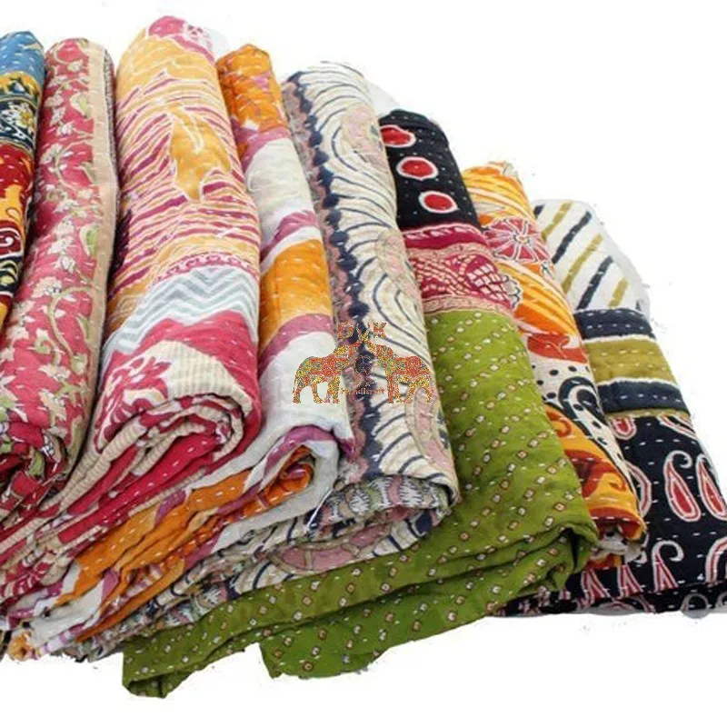 Authentic Indian Kantha Quilt Vintage Patchwork Bedspread from Old Sarees