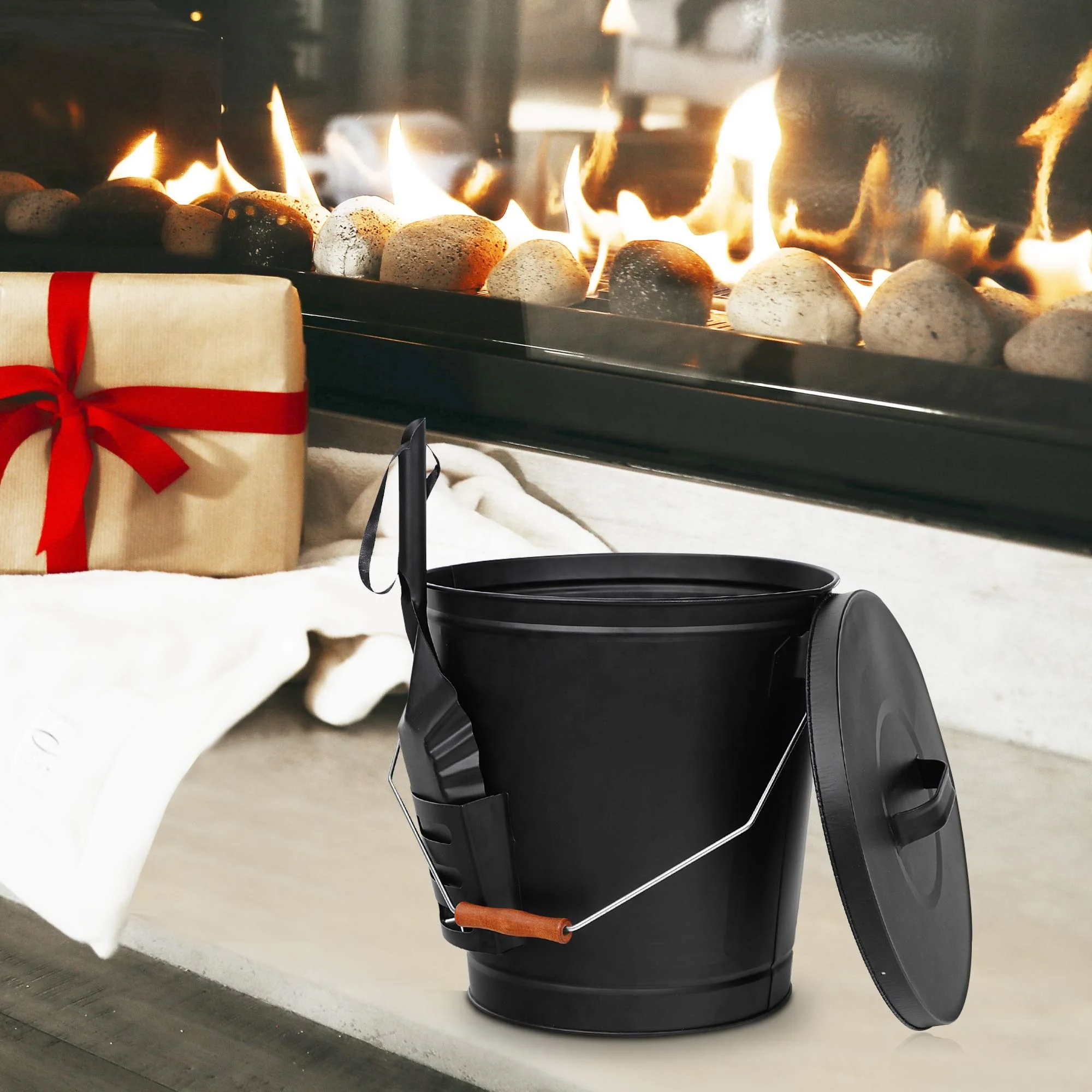 Ash Bucket Fireplace Accessories Black Metal Ash Bucket Lid Ash Bucket ...