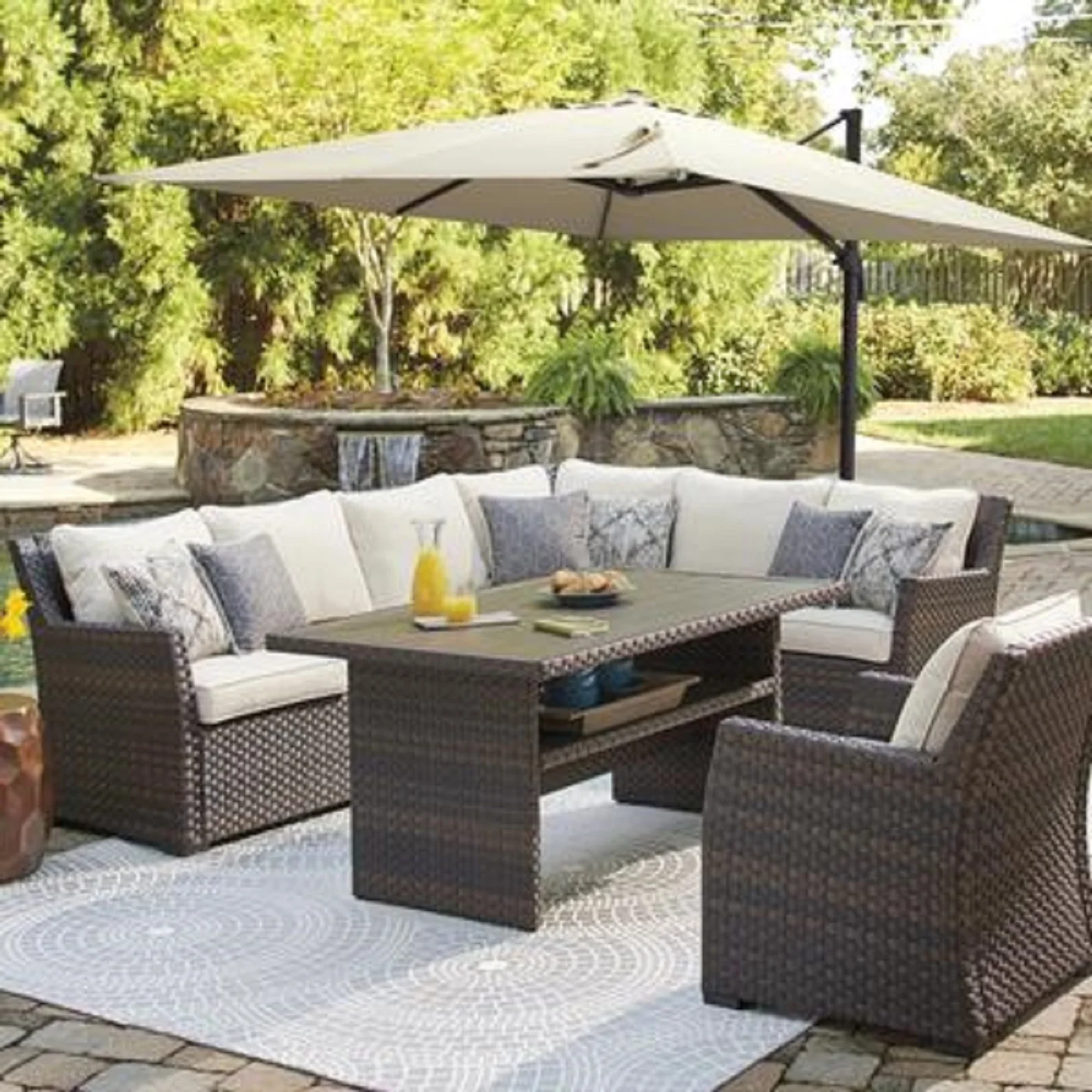 WICKER SOFA SET  WITH METAL UMBRELLA 1.2M/ GRAY COLOR RATTAN and CREAM CUSHION SPUM POLYESTER 10CM THICKNESS