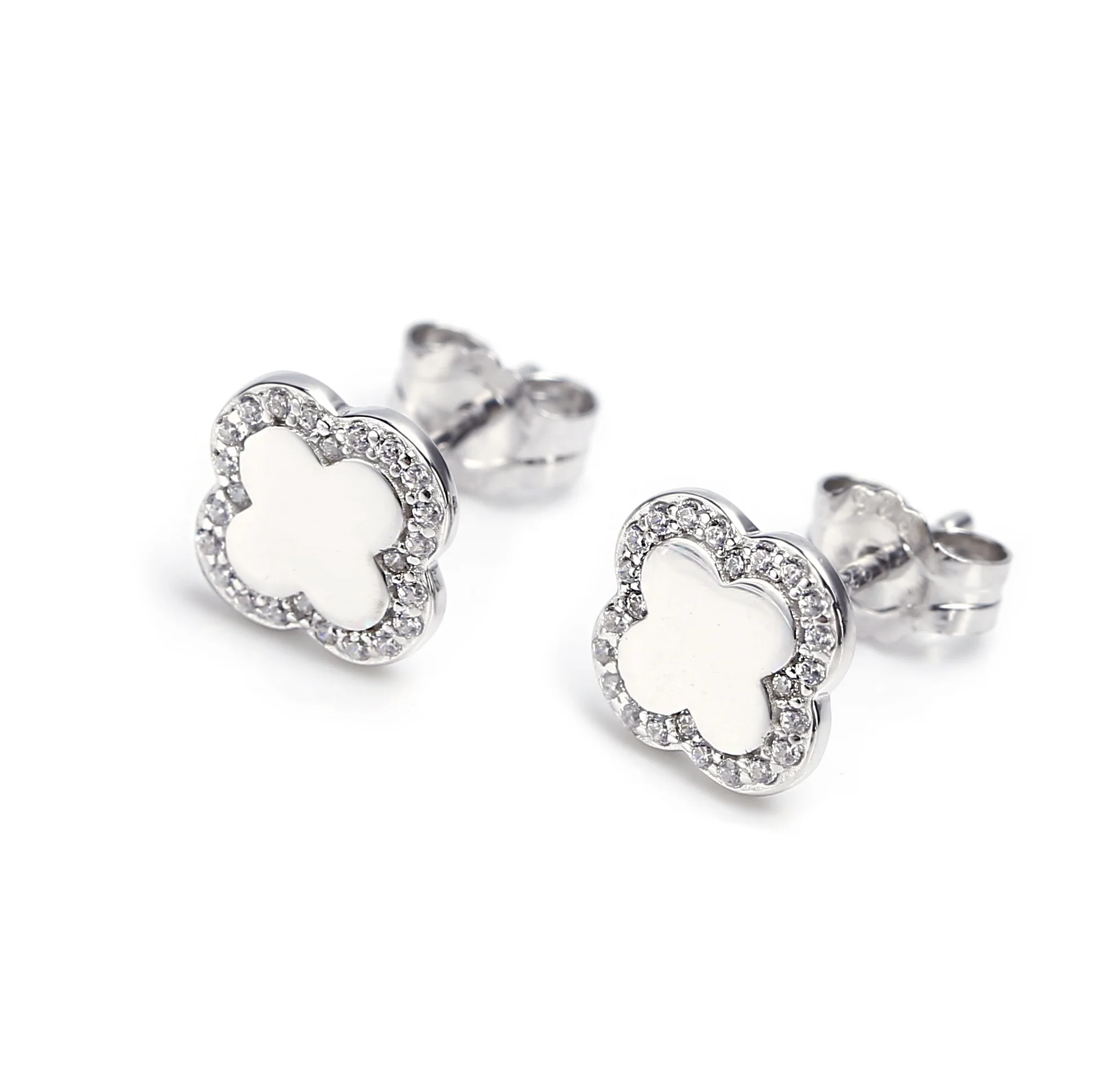 925 Sterling Silver Jewelry Cubic Zirconia Four Leaf Clover Stud 
