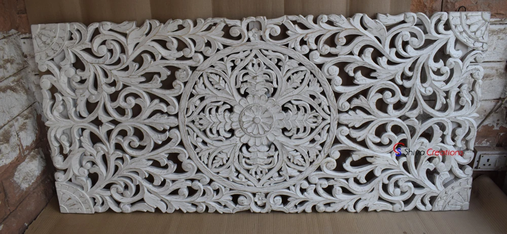 Antique Indian Carved Solid Mango Wood Handmade Eco-friendly Strong Durable Wall Bed Headboard Distress White Finish Customized