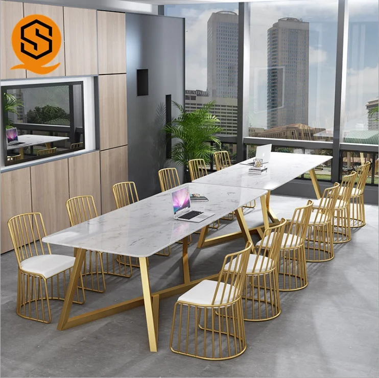 Luxury Metal White Dining Room Furniture Marble square Restaurant Gold Dining Tables and Chairs Set