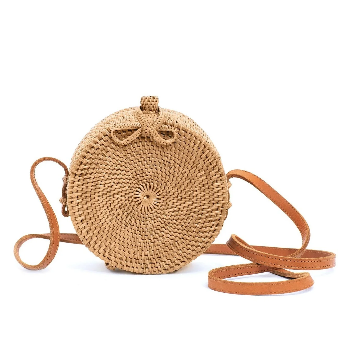 Ravishing Hand Woven Round Rattan Shoulder Bag Wicker Bag With Leather