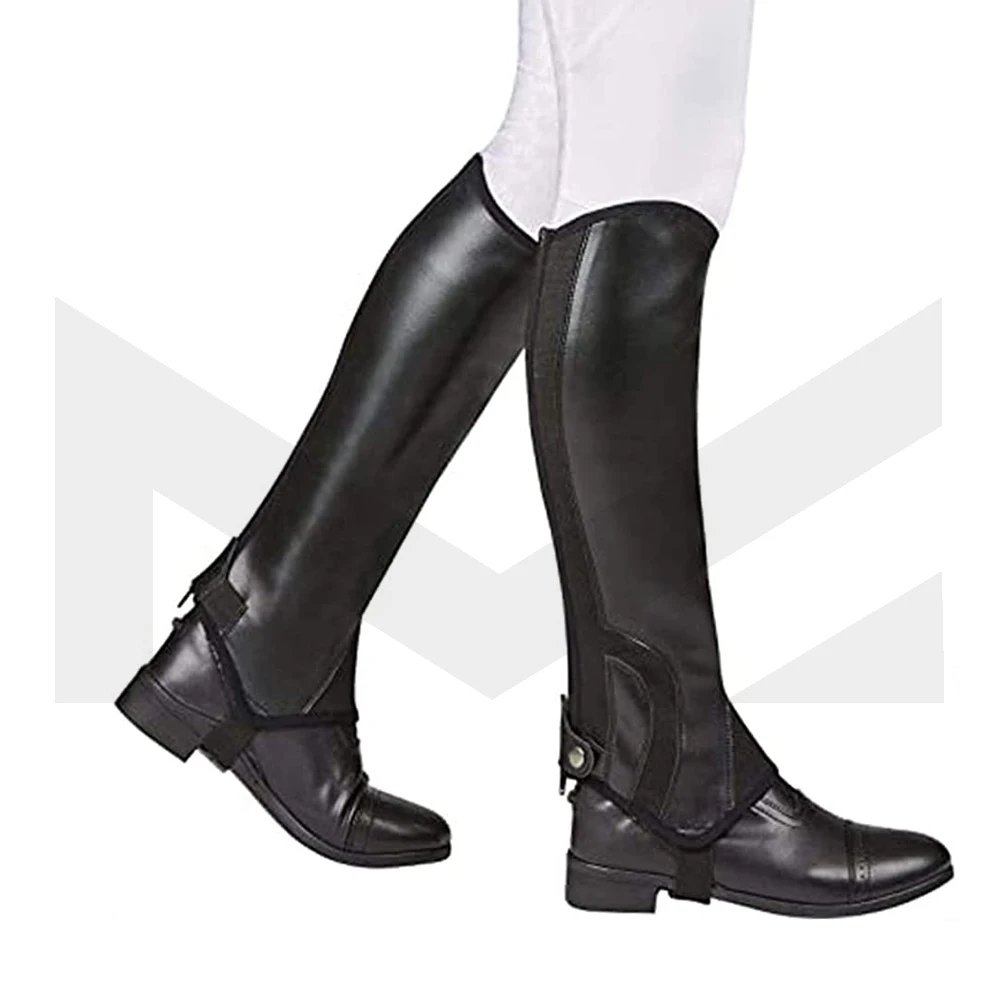 Large Black Leather Horse Riding Equestrian Half Chaps Protector 