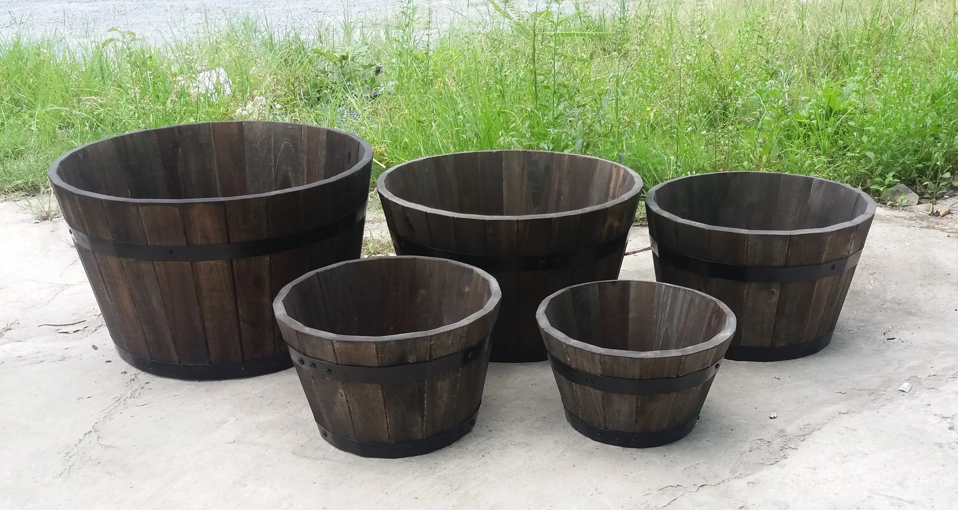 Wooden Barrel Set Of 3 Antique Wooden Pots Customization Large Outdoor