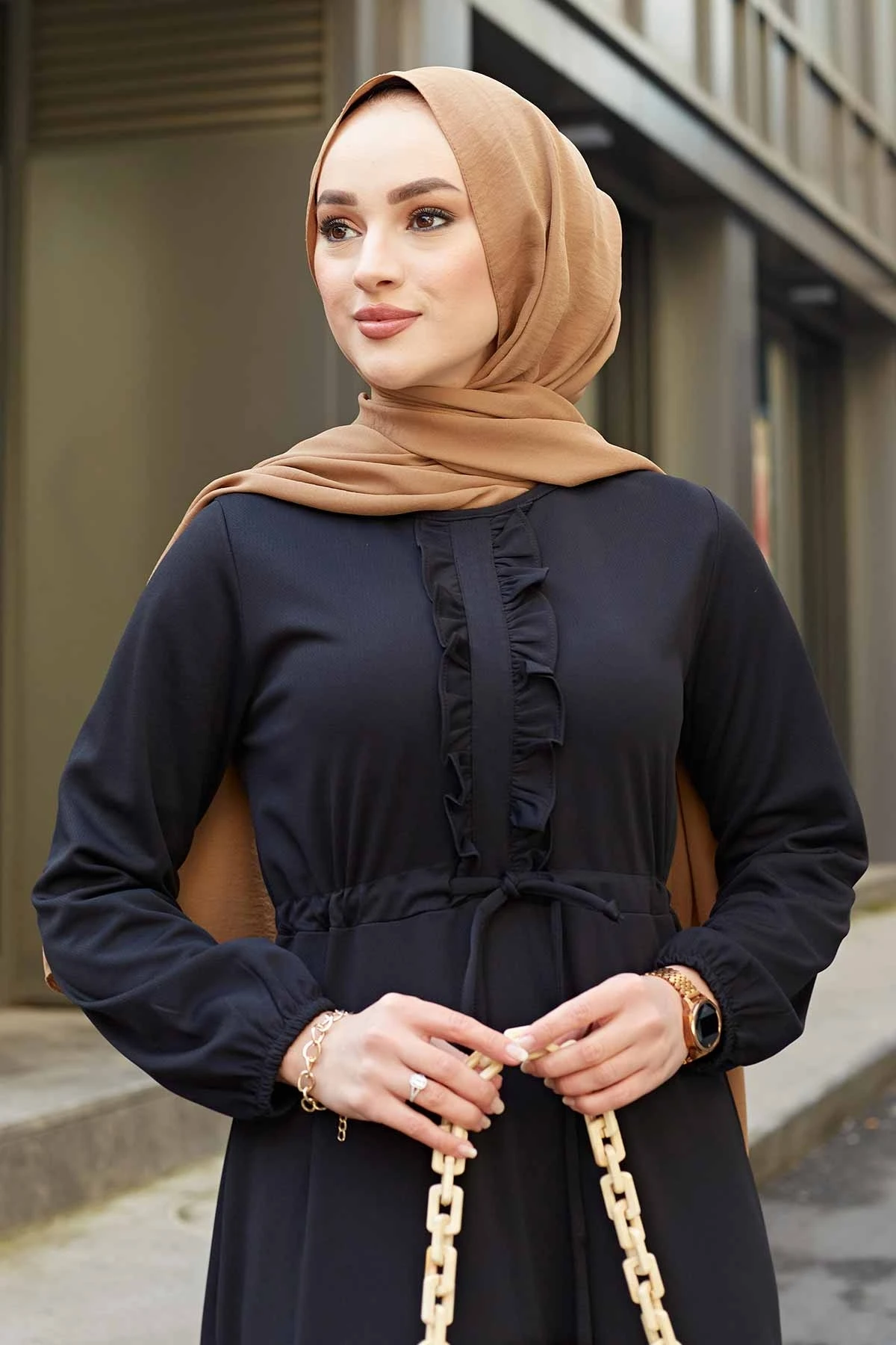 New Season Women's Front Frilly Tunnel Belt Dress Islamic Clothing ...