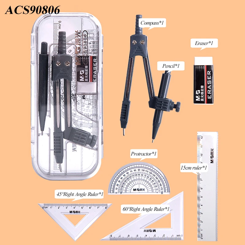 M&g Math Set Protractor Drawing Triangle Eraser Pencil Compass Divider ...