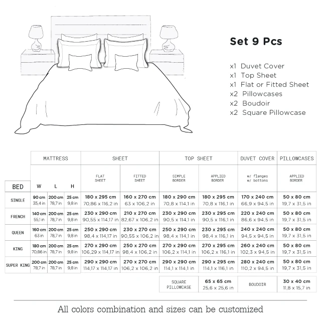 Bedding Set 9 Pcs Duvet Cover Double Top Sheet Flat or Fitted Sheet Pair of Pillowcases Pair of Sham Boudoir and Square
