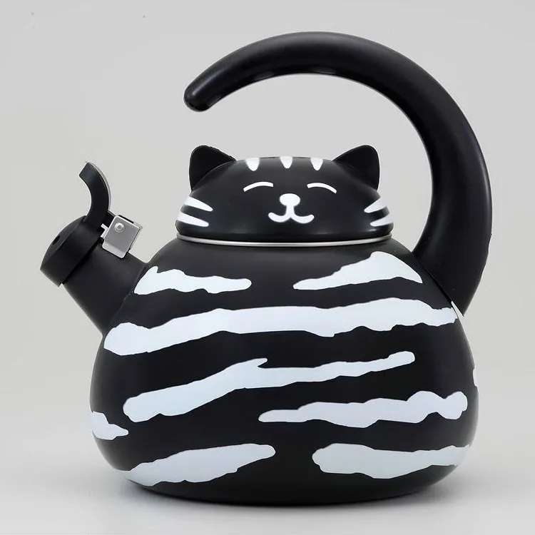 Black Enameled Luzern Kettle Porcelain with Cat Head Shape of Lid and Cat  Body Design 2.0LT/2.1QT.
