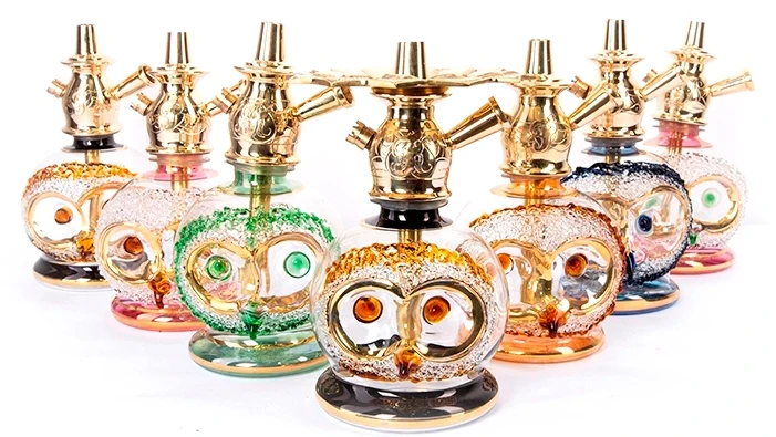 Portable Luxury 1kg Small Hookah with Funky Owl Design Hand Blown Brass Glass Leather and Lacquer Finish