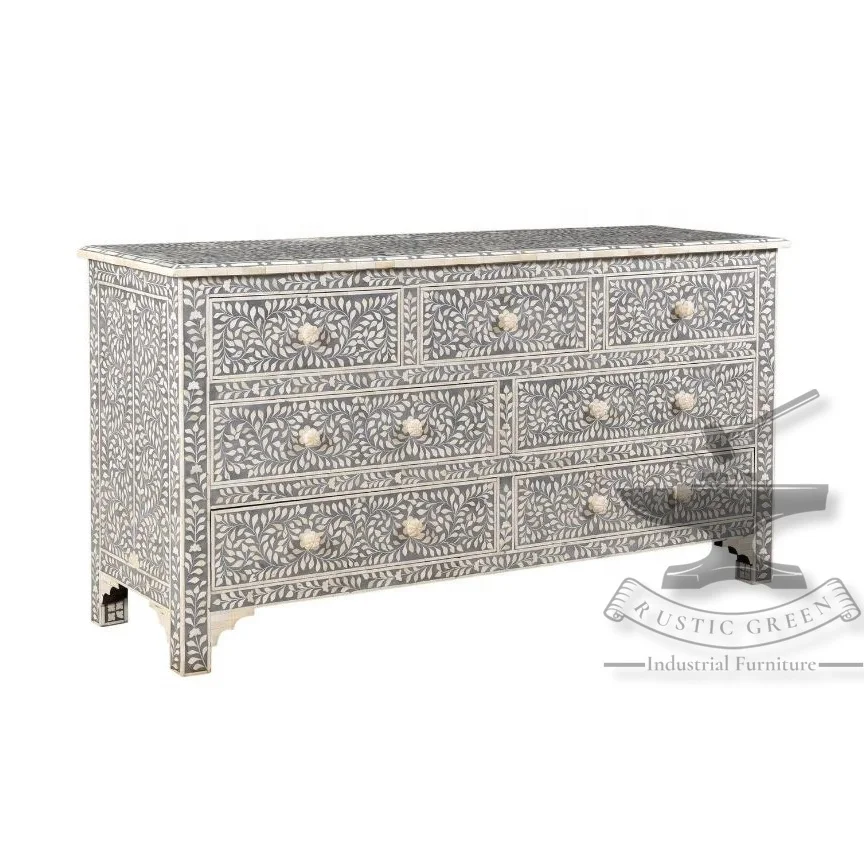 Large Bone & Inlay Chest of Drawers Grey and White color