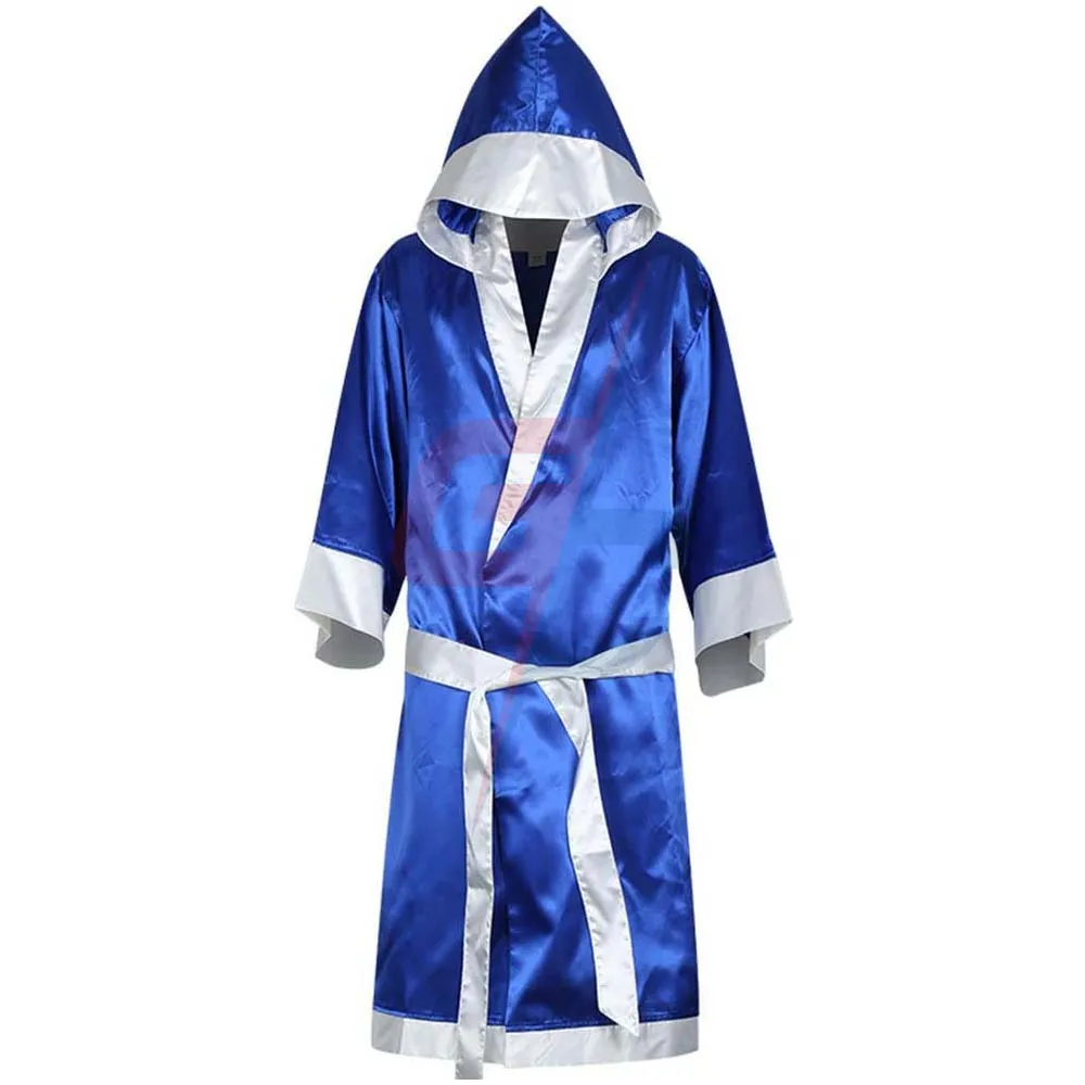 Adults Boxing Gown Martial Art Satin Robe Blue & White Hooded Gown Youth