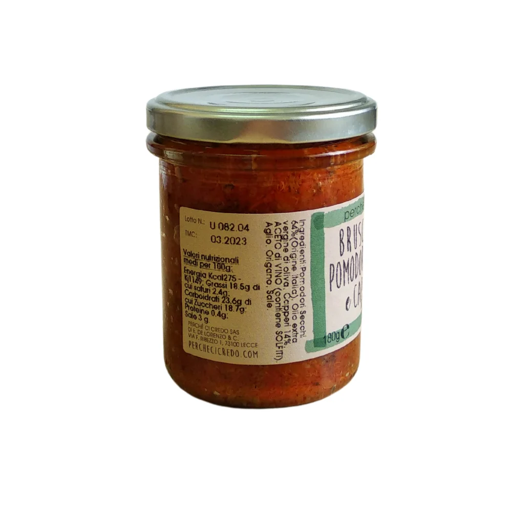 Italian High quality Bruschetta sundried tomatoes and capers. Handmade without preservatives. Spreadable, jar 180g