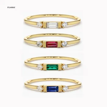 FUAMAY Hypoallergenic Jewelry Wholesale 18k Gold Baguette and Round Diamond Rings Ruby Blue Sapphire Emerald Stone Ring