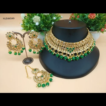 Indian Designer Bridle Choker Diamond Jewellery Full Set with Necklace Earring and Beautiful Mang Tika
