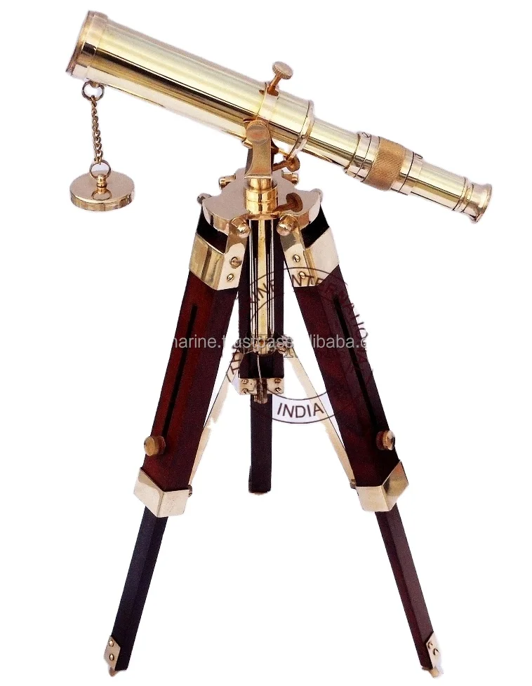 Nautical Antique Brass Telescope 14" Vintage Marine W/ Wooden Tripod Stand Item. 