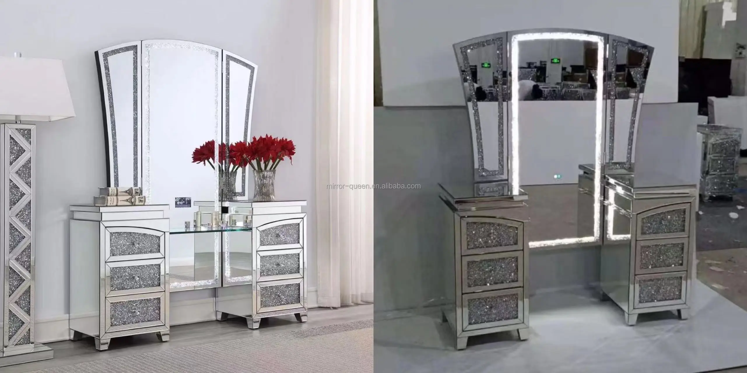 Modern Mirrored Glass Lighted Trifold Led Mirror Makeup Vanity Crushed