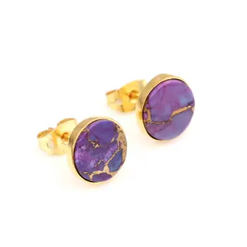Hot Selling Amazing Natural Purple Copper Turquoise Gemstone 925 Sterling Silver Gold Plated Stud Earrings Design For Women