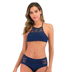 New Fashion Sexy Mesh Swimwear Wholesale Two Piece Swimsuit Crochet Bikini Set Printed Bikini Halter Lacing Solid for Girls