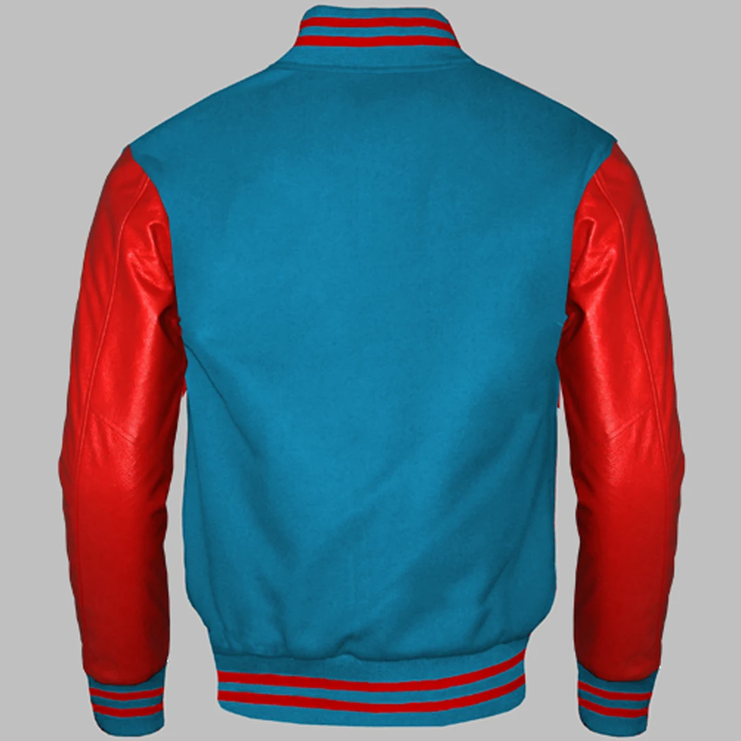2021 Custom New Columbia Blue and Genuine Leather Sleeves in Top Grain Red Varsity Jackets for Men's by Huzaifa Products