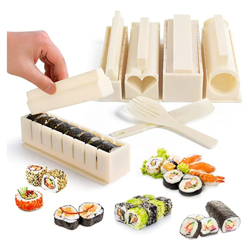 GLN KITCHEN: Sushi Making Kit Deluxe Edition japanes Set 11 Piece Plastic  Maker Tool 8 Rice Roll Mold Shapes Fork Spatula knife (easy, fun, quick)  for