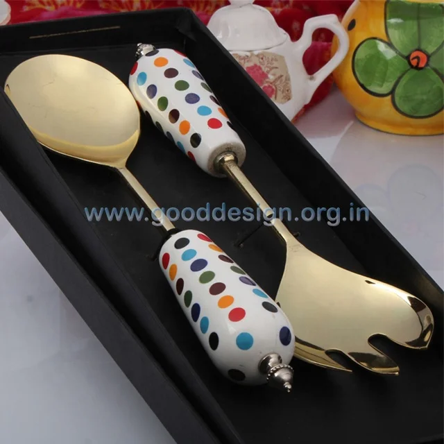Latest 2 Pcs Stainless Steel Gold PVD Salad Server with Resin Handle or Service Spoon Sets
