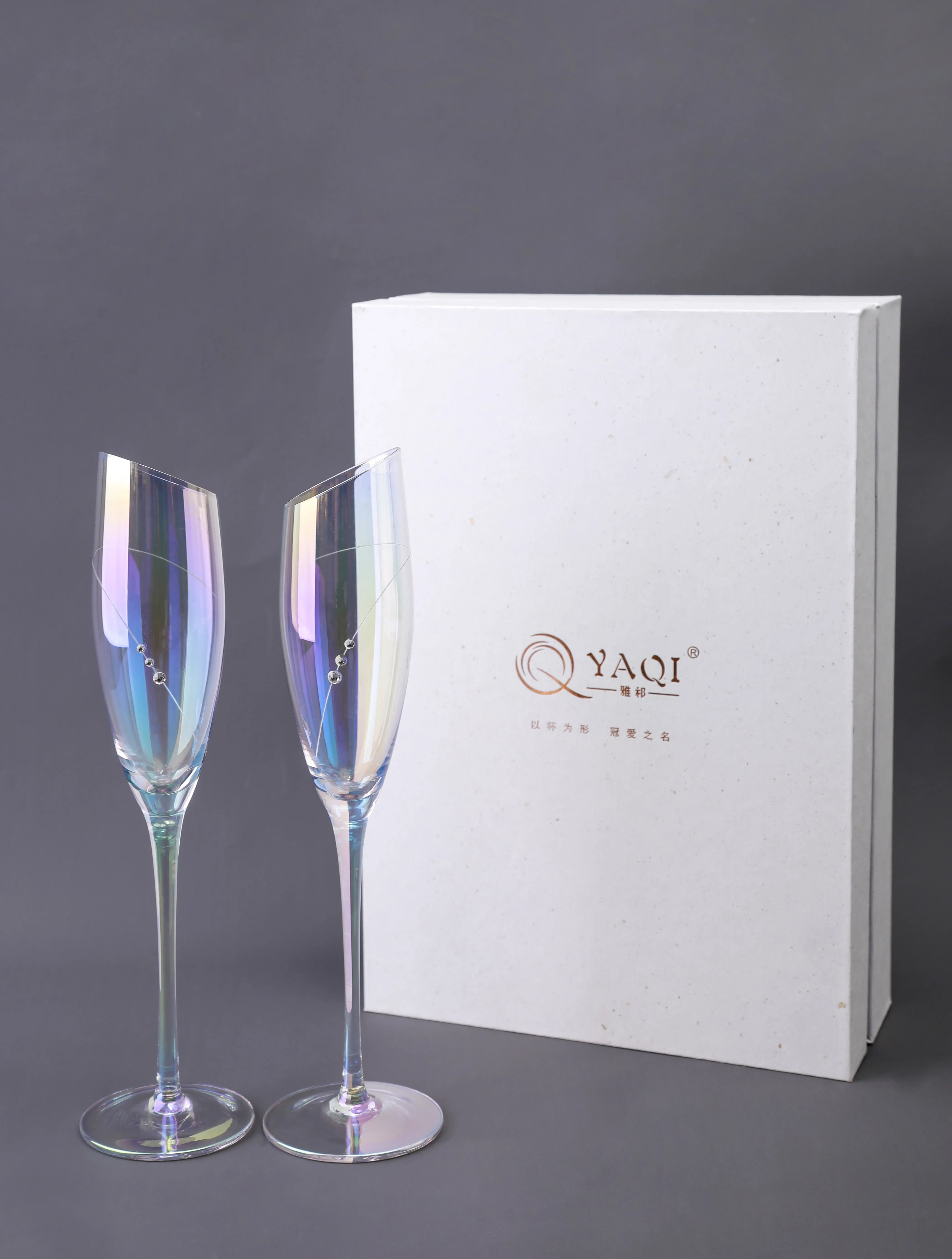 iridescent glass toasting flutes with diamond