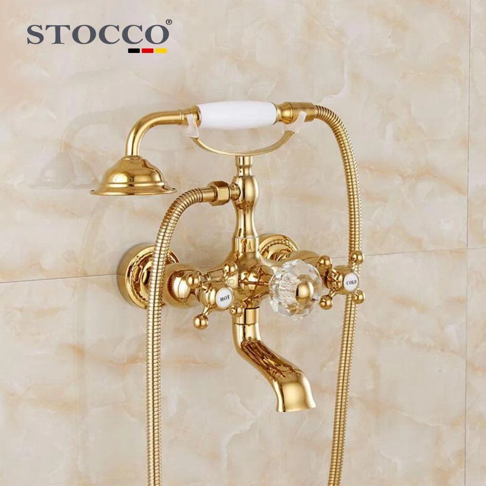 STOCCO Luxury Crystal Handle Bathtub Gold Brass Faucet With Hand Shower  Telephone Type Bath Faucets Sets Mixer Tap Wall Mounted, image size:1000x1000
