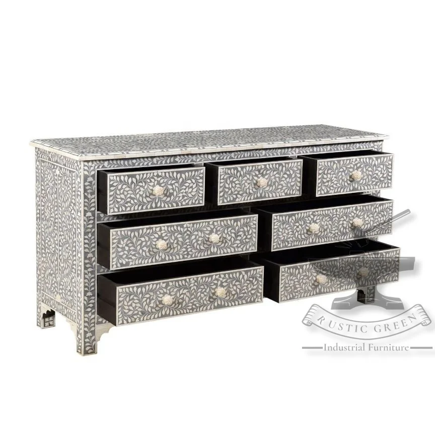 Large Bone & Inlay Chest of Drawers Grey and White color