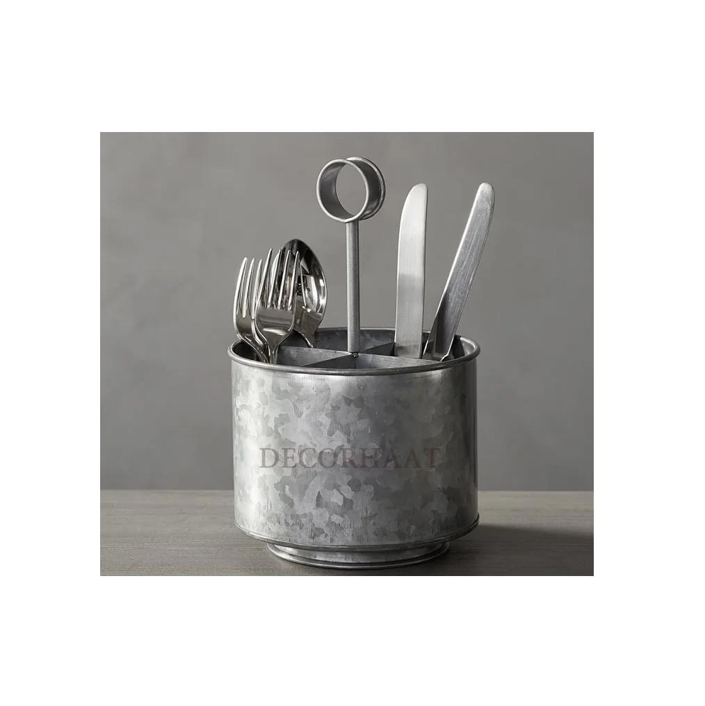 Farmhouse Galvanized Metal Utensil Caddy Holder With Unique Handle