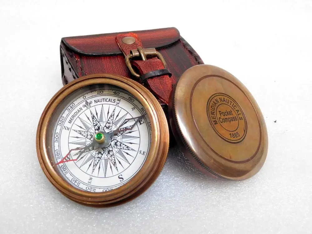 Antique Solid Brass Working Compass With Leather Case Nautical Compass Gift 3" 