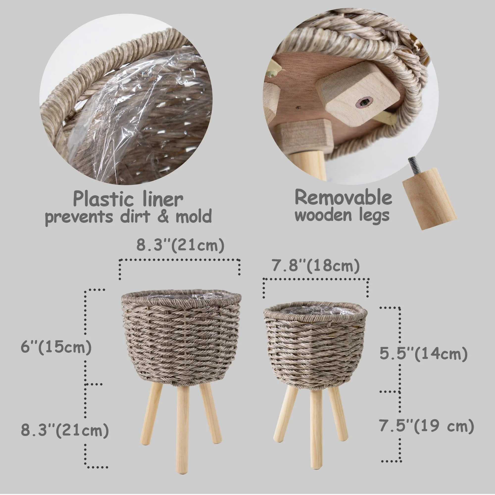 Set Of 2 Lovely Bamboo Wicker Planter Basket W Removable Legs,Plant Pot