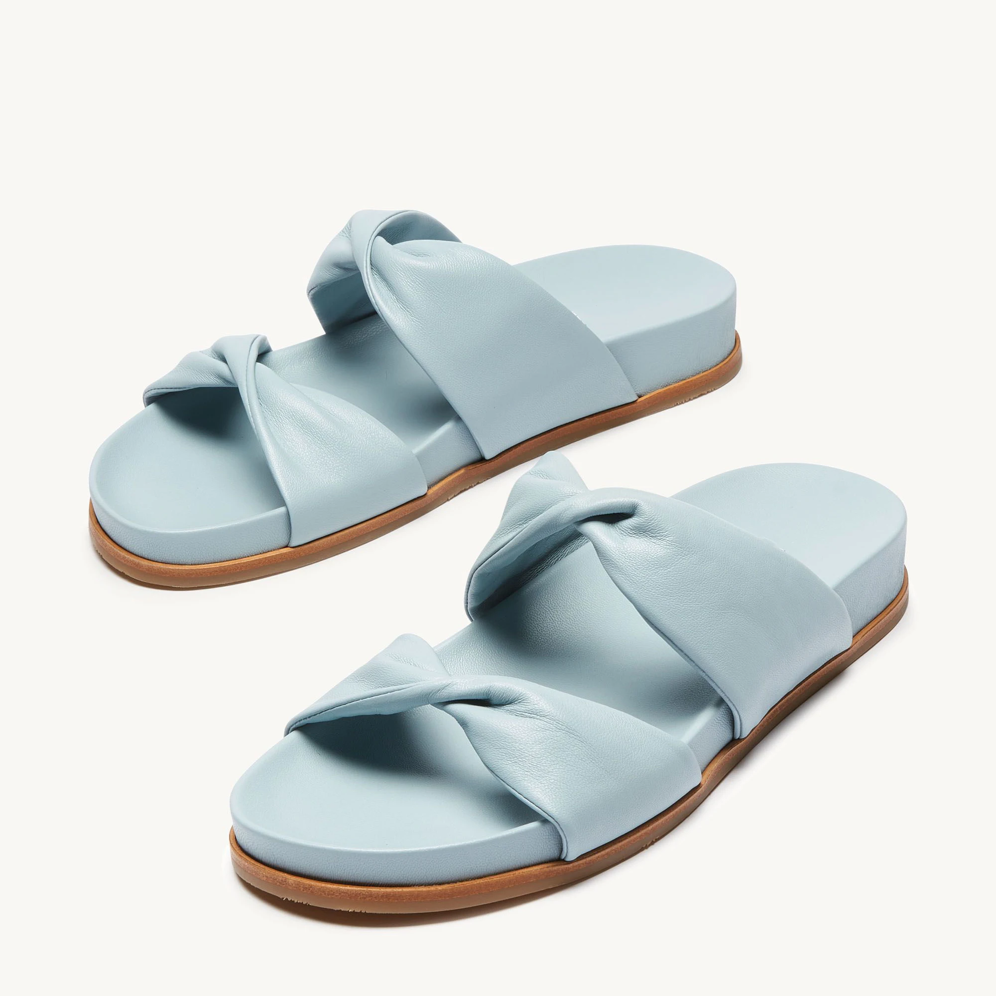 Light Blue Color Leather Upper Strap Design Women's Flat Sandals