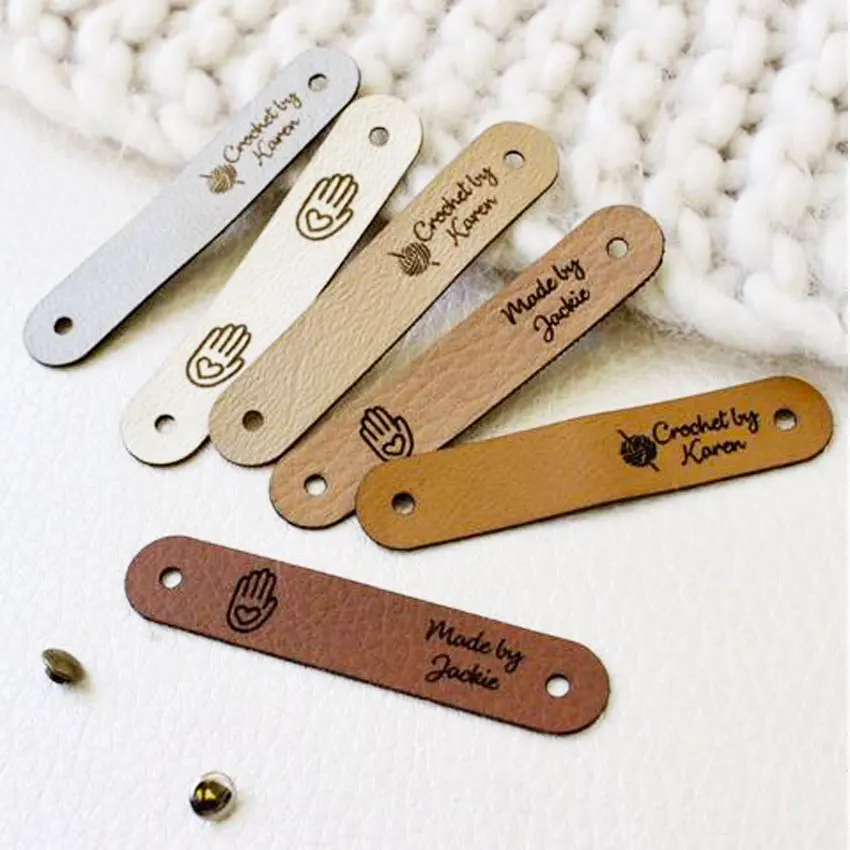 Riveted Label Custom Debossed Logo Handmade Knitting Label Faux Leather Rivet Tags