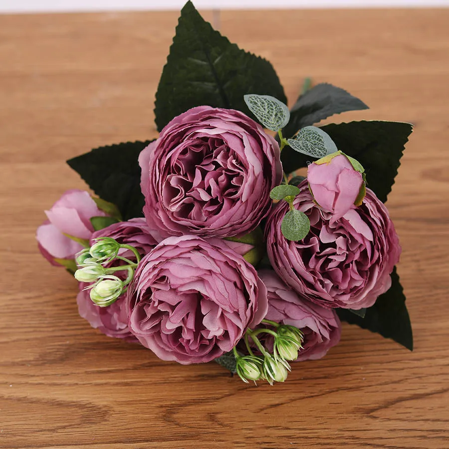 Rose Pink Flowers Silk Bridal Bouquet Wedding Fake Home Artificial Peony Decor 