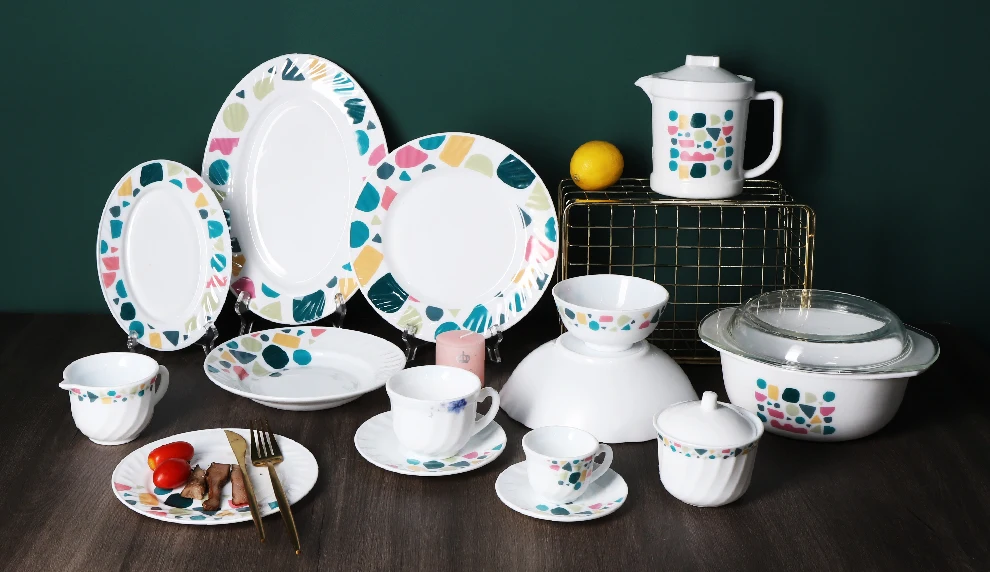 19pcs Opal Glassware Dinner Set With Decal Printing Opal Glass Dinnerware Bowl Set With Dish