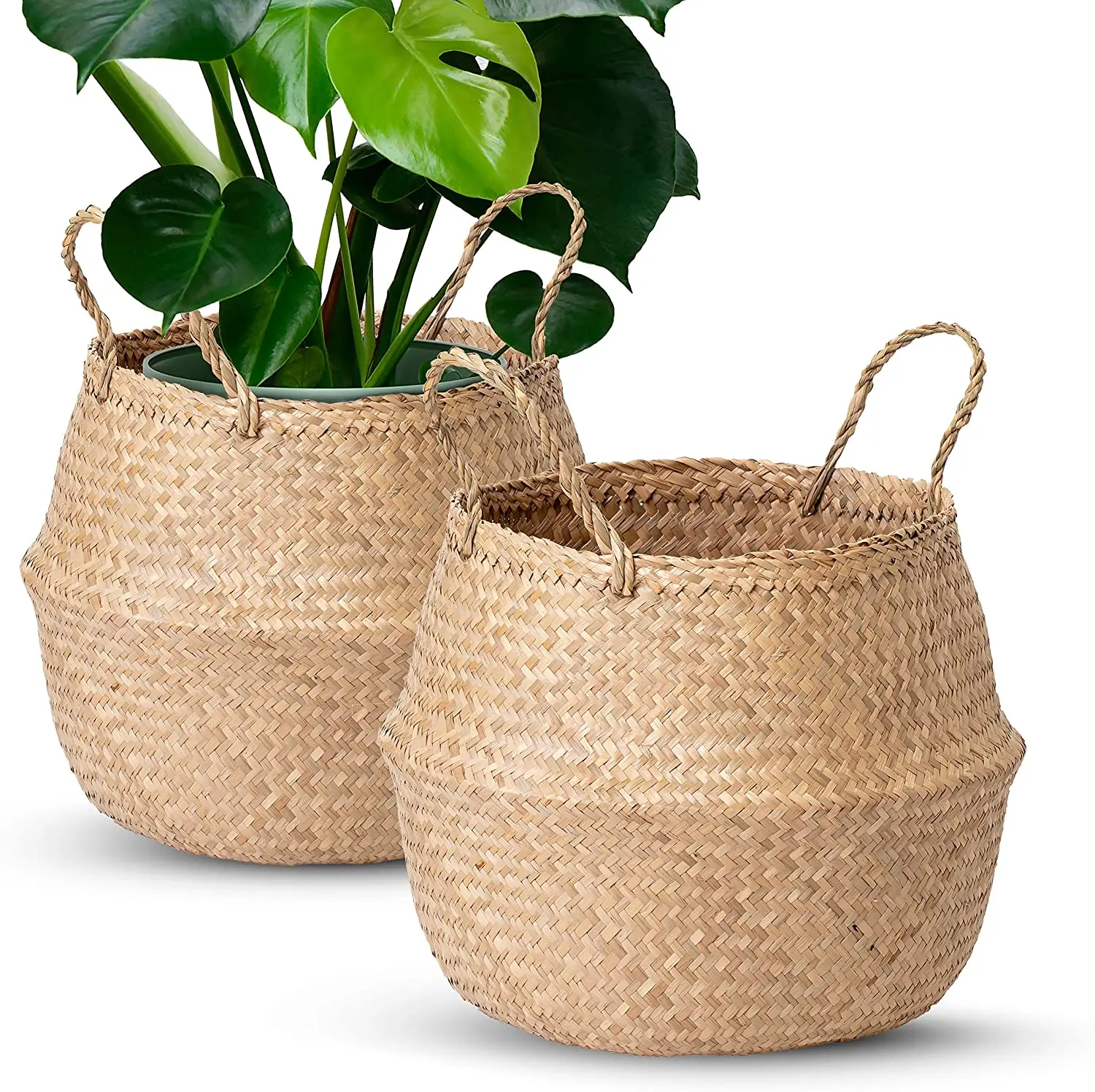 Beach or Picnic Use Belle Vous Small Natural Woven Seagrass Belly Basket with Handles Decorative Bag for Living Room Indoor Plant Pot Storage Bag for Laundry & Toys Bathroom & Bedroom 