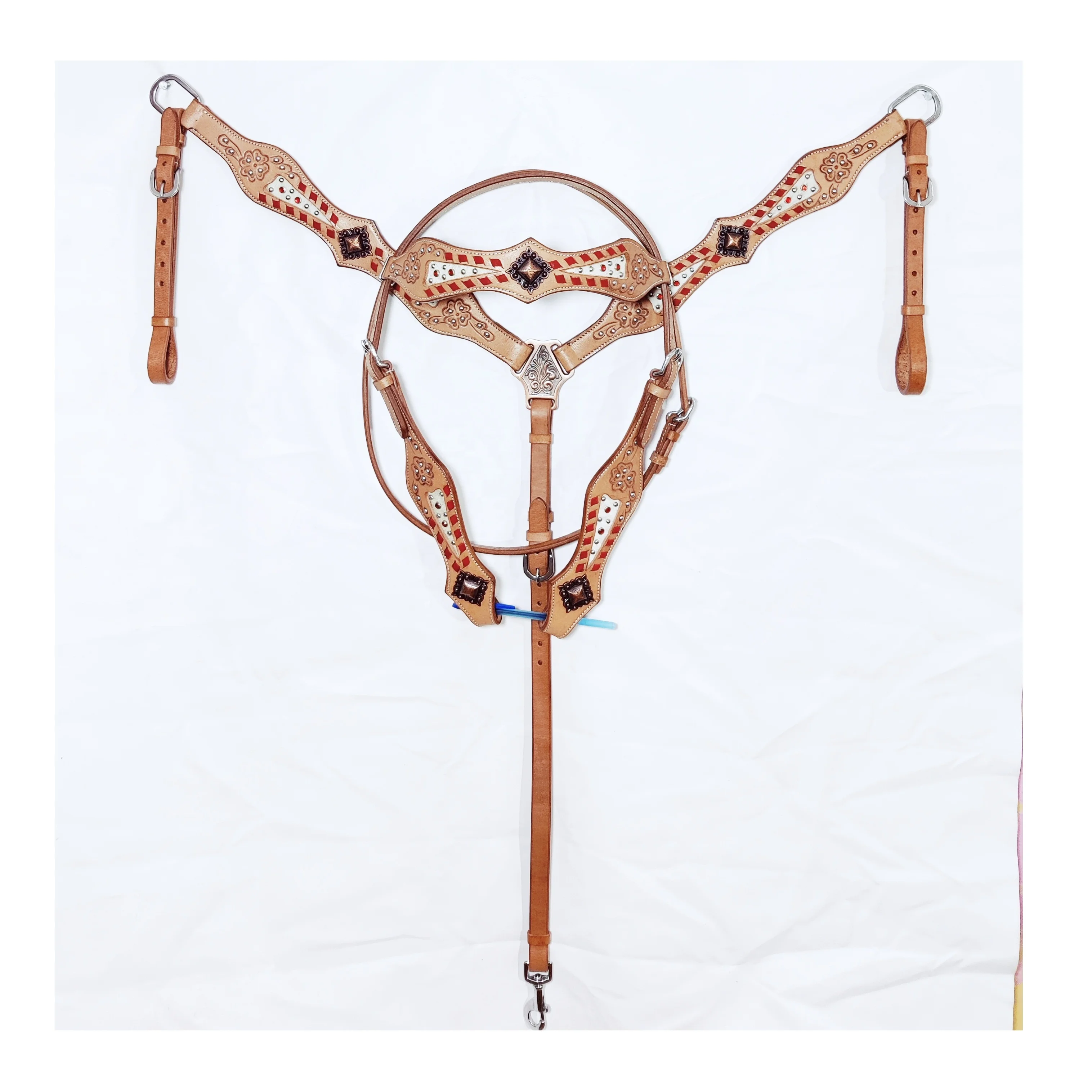 horse western headstall and breastplate with red