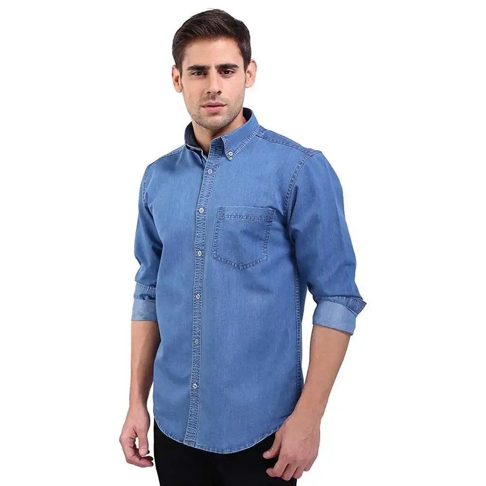 Men Trending Fashion Washed Denim Shirt Turn Down Collar Denim Shirts