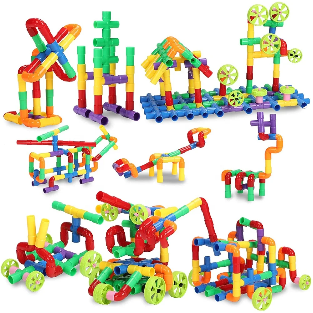 176pcs DIY Puzzle Pipeline Building Blocks Toys Construction Building Stick Pipe Blocks for Kids Educational Assembly Toy Tubing