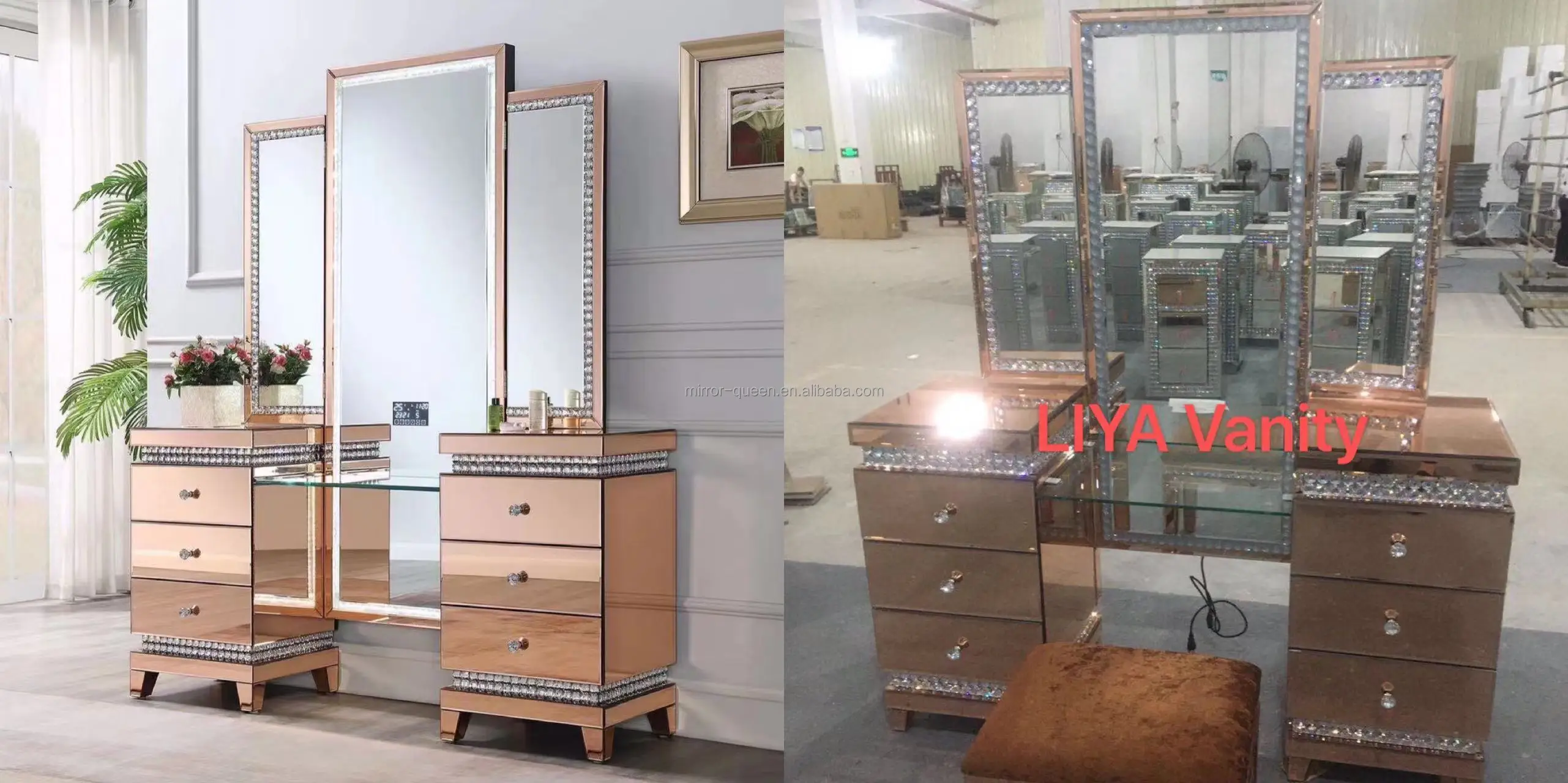 Modern Mirrored Glass Lighted Trifold Led Mirror Makeup Vanity Crushed